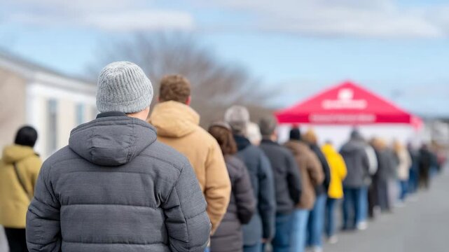 People queue: A long line of individuals patiently wait outside, hinting at anticipation or access. The scene underscores themes of patience and community.