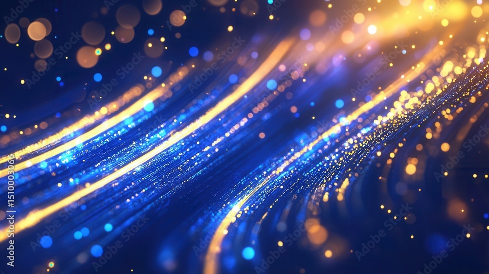 Poster abstract background a glowing 3d golden particles bokeh flowing over a blue wavy surface, creating m