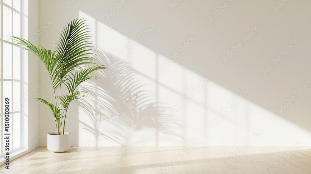 Poster sunlight streaming through a window illuminates shadows a potted plant in and empty white room, cast