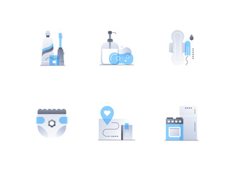 Personal hygiene and household appliances - flat design style icons set