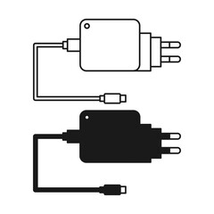 Simple Mobile Phone Charger Flat Black and Outline Style. Charger Icon on White Background.