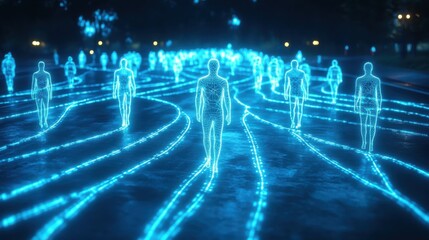 Futuristic walkers moving through neon streets urban environment digital art nighttime view concept of connectivity