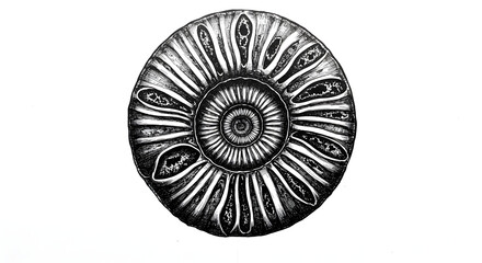 Detailed Ink Illustration Of Fossilized Ammonite With Circular Pattern