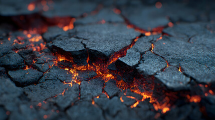Obraz premium Abstract fire texture cracks with lava beneath grey rock surface close up in volcanic landscape