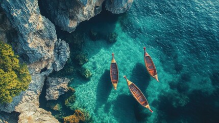 Serene boat adventure coastal waters aerial photography natural landscape tranquil setting exploration concept