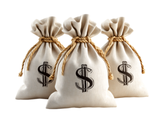3D icon of three beige money bags with a dollar sign on them, isolated against a transparent background.