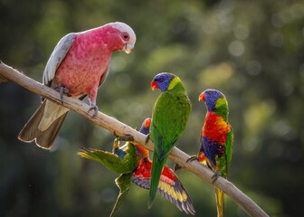 Vivid rainbow lorikeets and a pink galah perch on a sunlit branch and exhibit some antagonism...