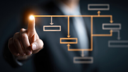 A person's hand is touching a complex, interconnected diagram. The person's hand appears to be pointing at the diagram, which glows with a soft light. This image captures the essence of strategy.