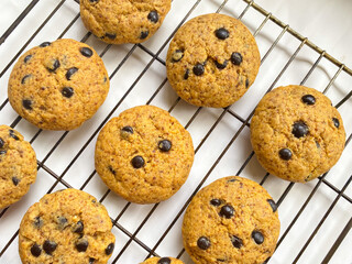 Chocolate chips cookies textured background isolated on white background, cookies with soft taste for snack.