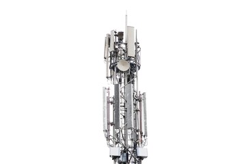Close-up of industrial telecom tower with radio antennas