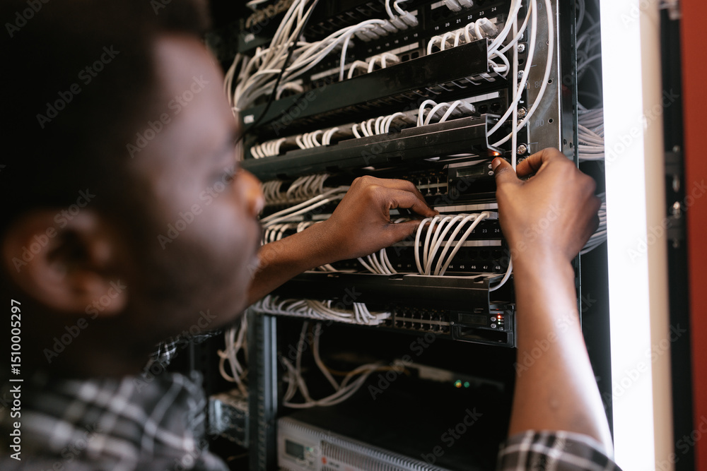 Poster technician working on network server installation in a data center during the day