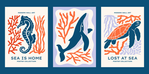 Underwater ocean animals vector posters set. Minimalist retro sea print designs with seahorse, whale, turtle, seaweeds, corals illustrations