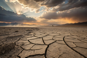 Dry cracked earth in a vast desert landscape under a blue sky, reflecting drought and arid nature