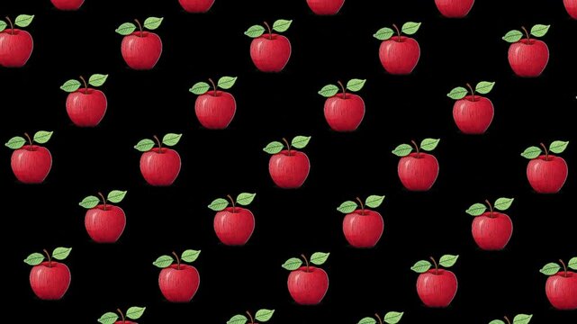 Seamless Pattern of Hand Drawn Red Apples with Green Leaves on Black Background. animations 
