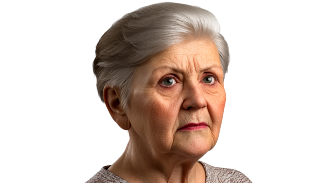 Older woman face, close up portrait, gray hair, isolated, cut out transparent