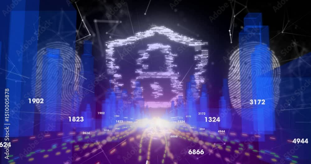 Poster pulsing data nodes initiating rising bars on grid, forming shield padlock signaling secure network