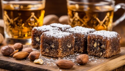 Traditional Turkish Delight is showcased with nuts and dried fruits on an antique brown table surrounded by rustic wooden kitchen utensils