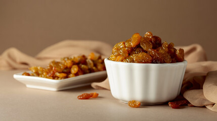 Yellow sultana raisins in a white bowl.