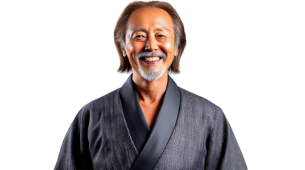 Senior Asian man with grey hair smiling warmly, cut out transparent