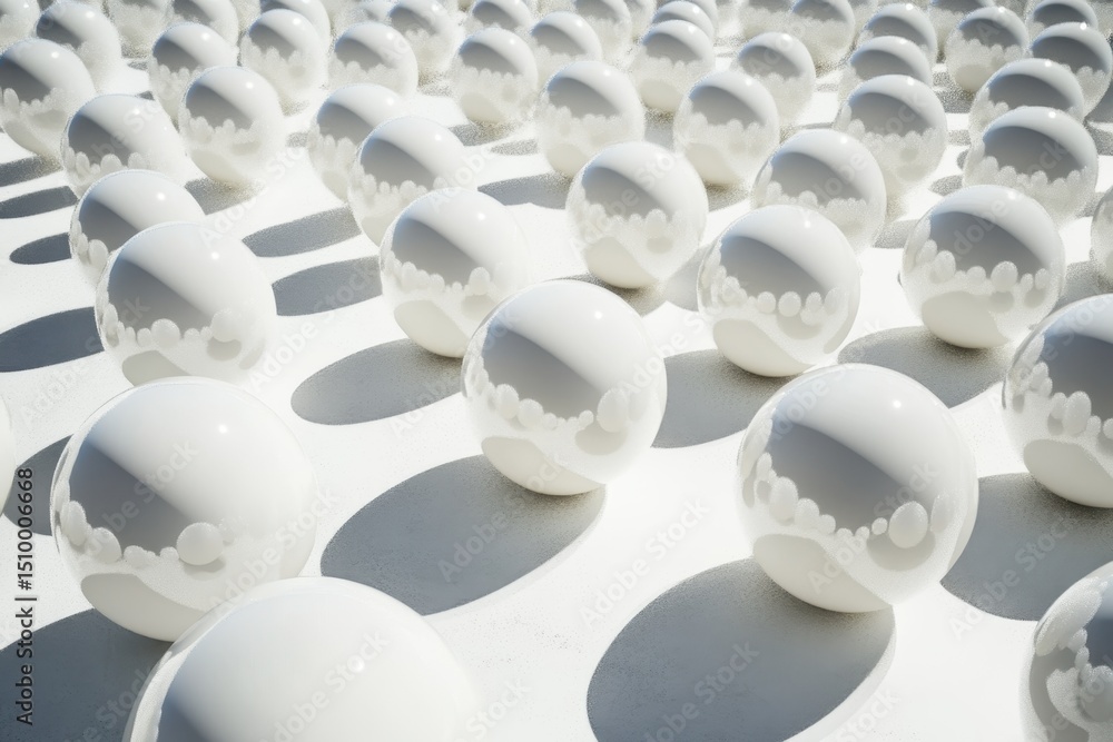 Poster abstract arrangement of white spheres creating a dynamic visual pattern on a surface, abstract patte