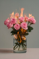 A bouquet of pink roses in a clear glass vase engulfed in flames against a neutral background