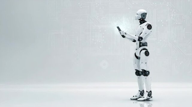 Humanoid robot with sleek metallic body holds and interacts with glowing holographic display in a clean futuristic environment