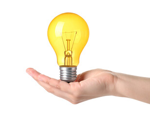 Hand holding light bulb glowing yellow, Transparent PNG