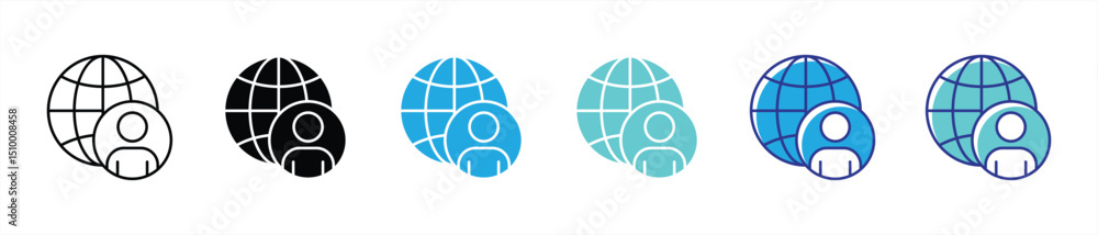 Poster global identity icon set. uniting connectivity, worldwide representation thin line and color style i