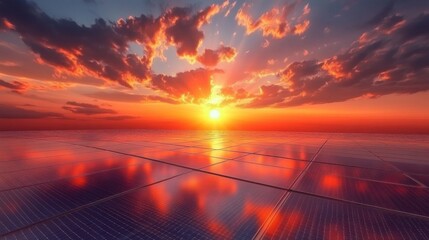 Sunset over solar panels renewable energy field landscape photography nature aesthetic viewpoint