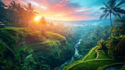 Dramatic Sunset over Lush Rice Terraces and Tropical Landscape in Southeast Asia with Warm Light and Misty Background