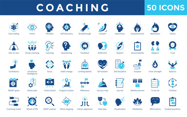 Coaching icons set with goal setting, vision, mindset, self discovery, breakthrough, growth, awareness, empowerment, motivation, clarity icon. Simple flat vector 
