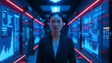 Confident businesswoman standing in a high-tech data center with glowing screens displaying analytics - Powered by Adobe