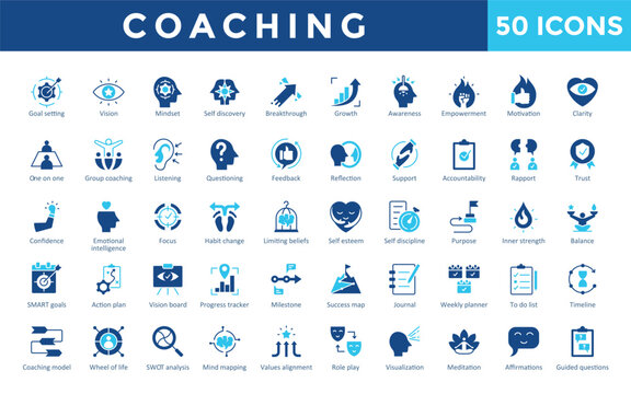 Coaching icons set with goal setting, vision, mindset, self discovery, breakthrough, growth, awareness, empowerment, motivation, clarity icon. Simple flat vector 
