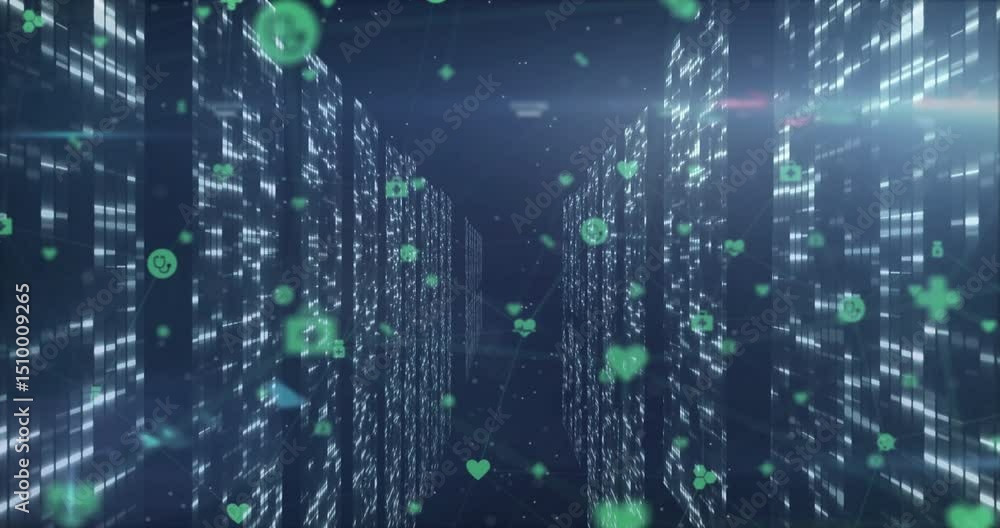 Poster triggered by lit panels icons emerging and drifting through 3d data corridor visualizing data flow
