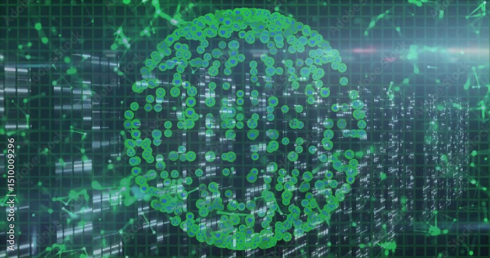 Poster on startup tech sphere forming on dark grid pulsing green particles syncing network for data flow