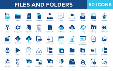 Files and Folders icons set with file, folder, document, paperwork, organization, sorting, category, archive, storage, retrieve icon. Simple flat vector 
 