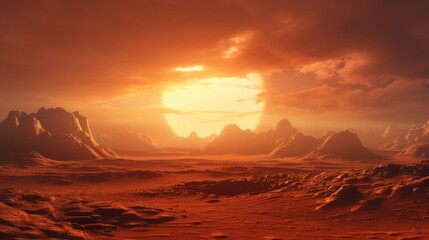 Sunset landscape over red desert terrain alien planet digital art sci-fi environment wide angle view