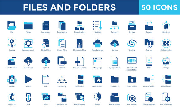 Files and Folders icons set with file, folder, document, paperwork, organization, sorting, category, archive, storage, retrieve icon. Simple flat vector 
 