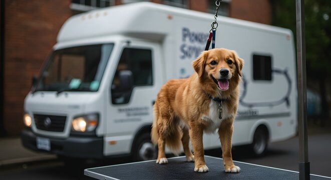 Dog stands on a professional grooming table in front of a mobile pet salon van parked on the street to provide convenient cleaning for busy owners.