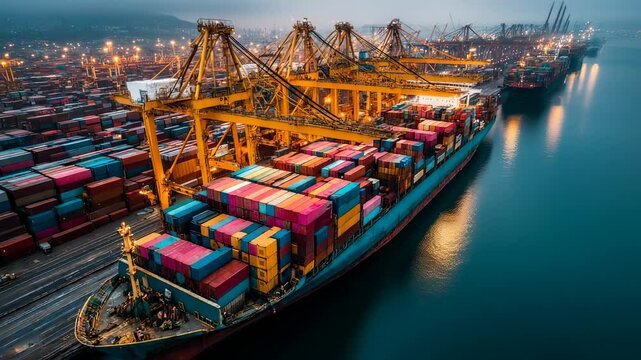 Aerial perspective of a container ship docked in a bustling port, showcasing the intricate logistics of global commerce and trade