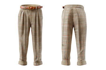 PNG Brown belted plaid pants front and back view on black background