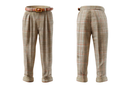 PNG Brown belted plaid pants front and back view on black background