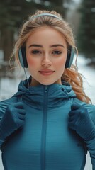 Winter fitness motivation young woman in headphones snowy forest lifestyle portrait inspirational environment outdoor perspective
