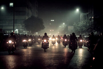 Motorcycle riders on a night street with headlights illuminating the road in the dark urban landscape