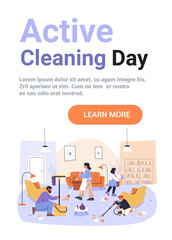 Family cleaning living room teamwork household chores modern interior people vacuuming mopping wiping dusting cozy home scene