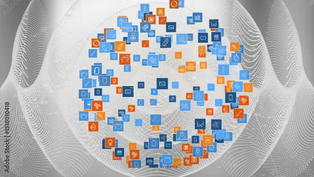 Poster on start wireframe sphere emitting colored icon tiles orbiting spiraling, visualizing data network