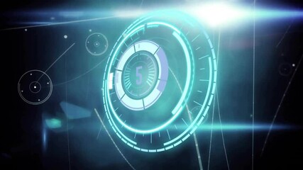 HUD interface appearing decrementing numerals while rotating rings pulsing arcs signaling launch