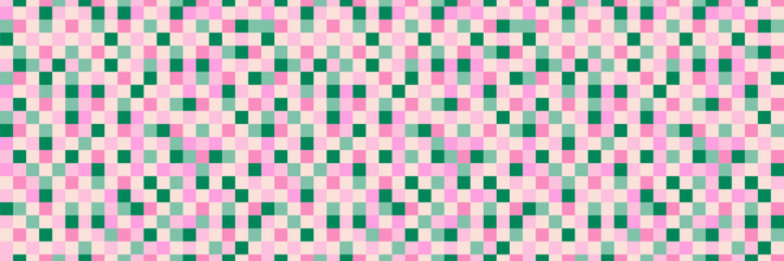 Retro pixeled seamless pattern. Fun pink and green colored shapes background. Abstract graphic art vector wallpaper.