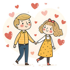 Cute Couple Illustration: Romantic Hand-in-Hand Watercolor Art
