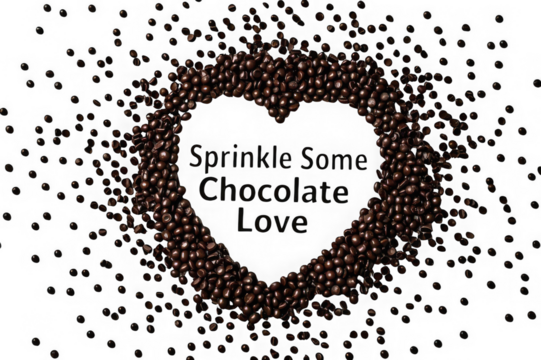 Chocolate heart shape with sprinkles and text